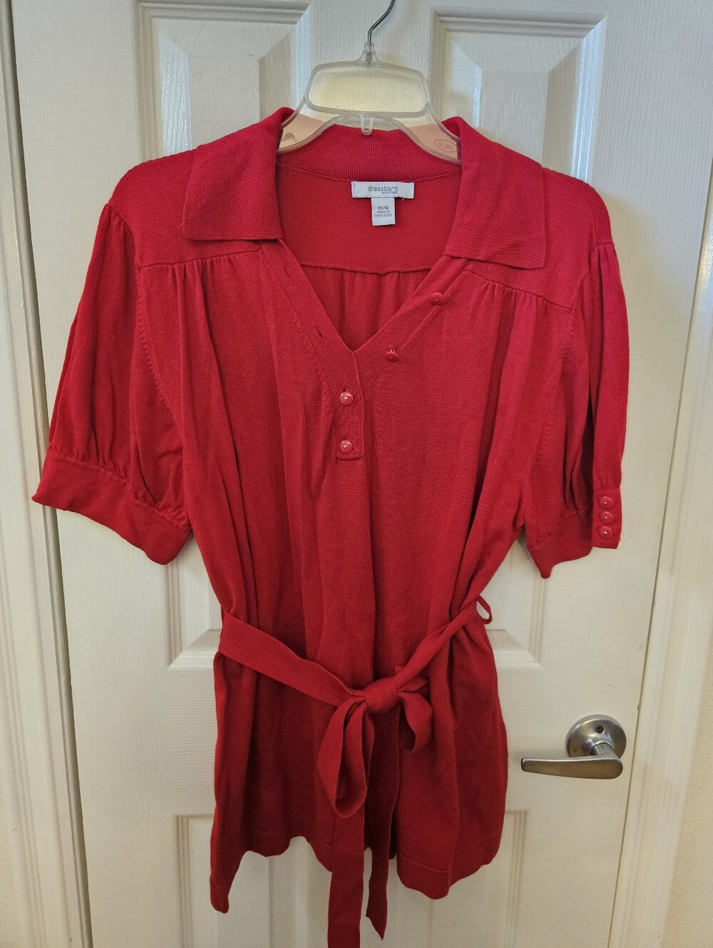 Dressbarn 14/16 Short Sleeve Red Sweater with Collar and Tie Waist